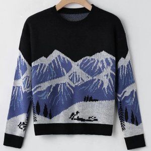 Snow Mountain Pattern Drop Shoulder Sweater Sz M New